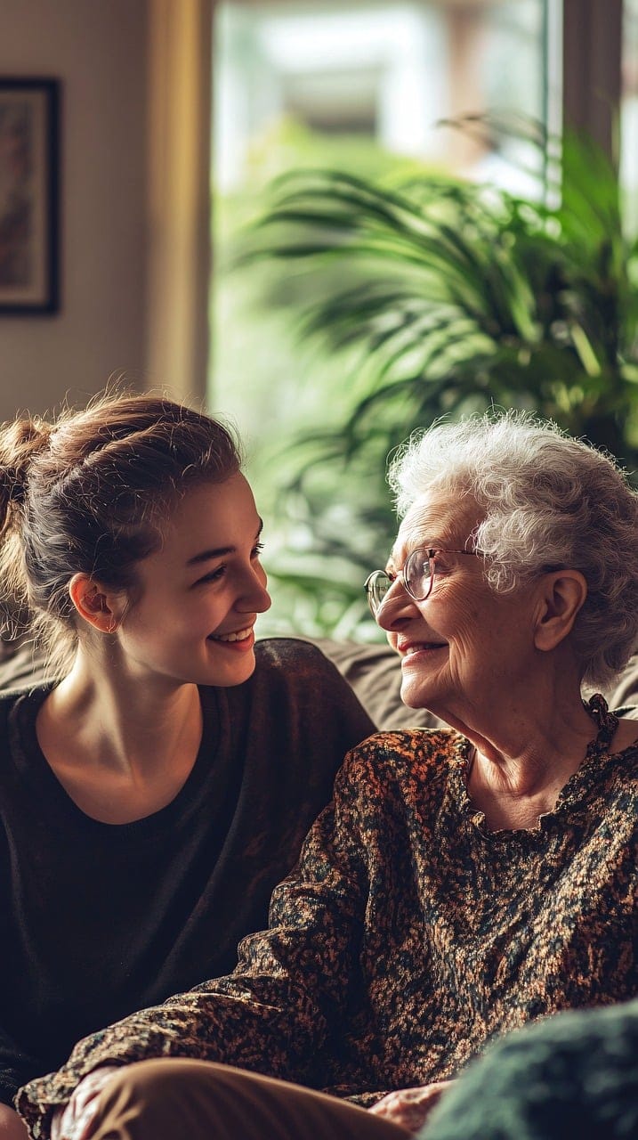 Daughter visiting mother in nursing home